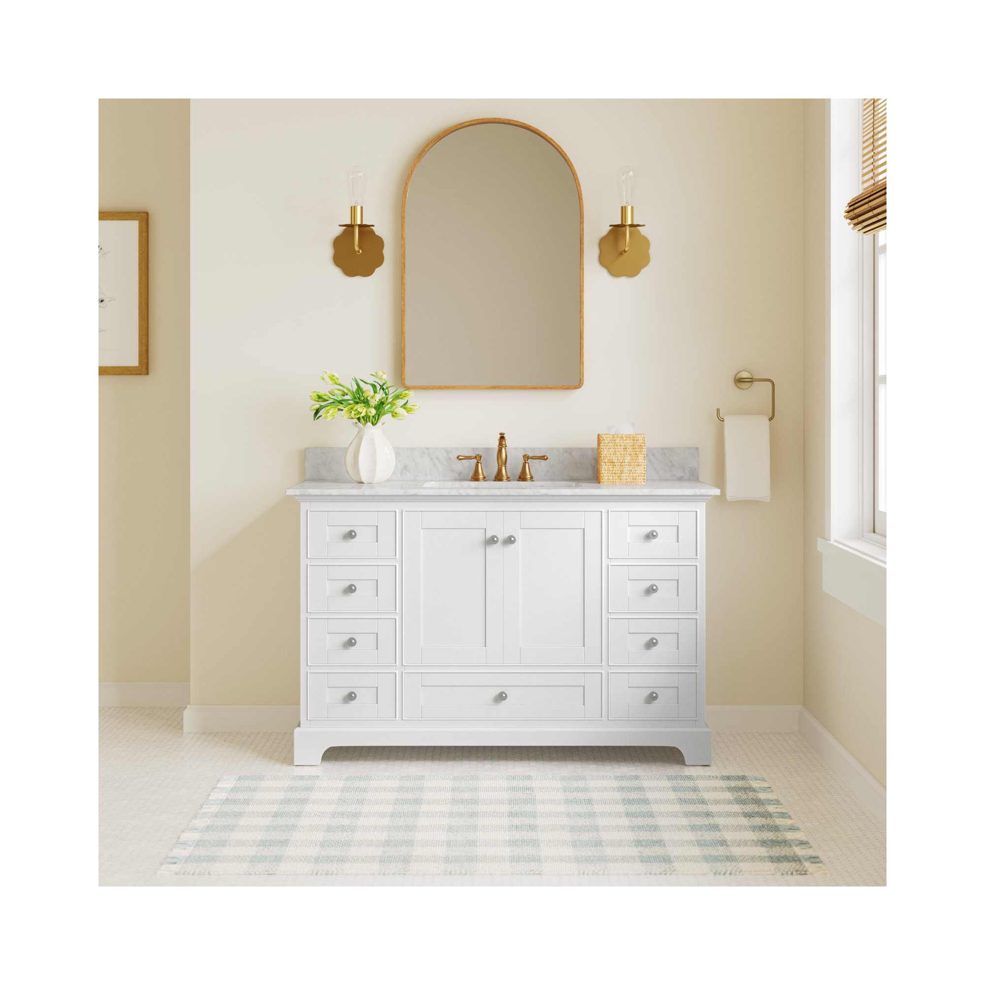 Varna 48'' Single Bathroom Vanity, White/Brushed Nickel, Carrara White Marble