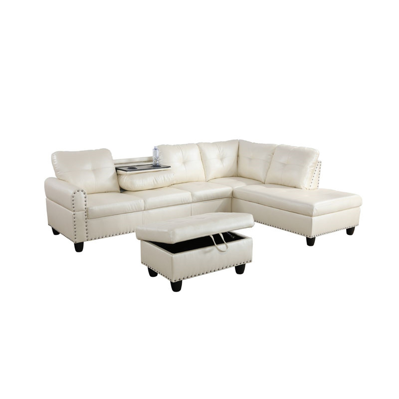Adebisi Upholstered Sectional, Right Hand Facing, Off-White Faux Leather