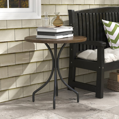 Table de patio de 26 po de diamètre avec structure en acier robuste et plateau en lattes en bois pour les espaces extérieurs comme le jardin, la cour, le porche, le balcon, la terrasse de construction brune, les décors de jardin, les arrangements de co