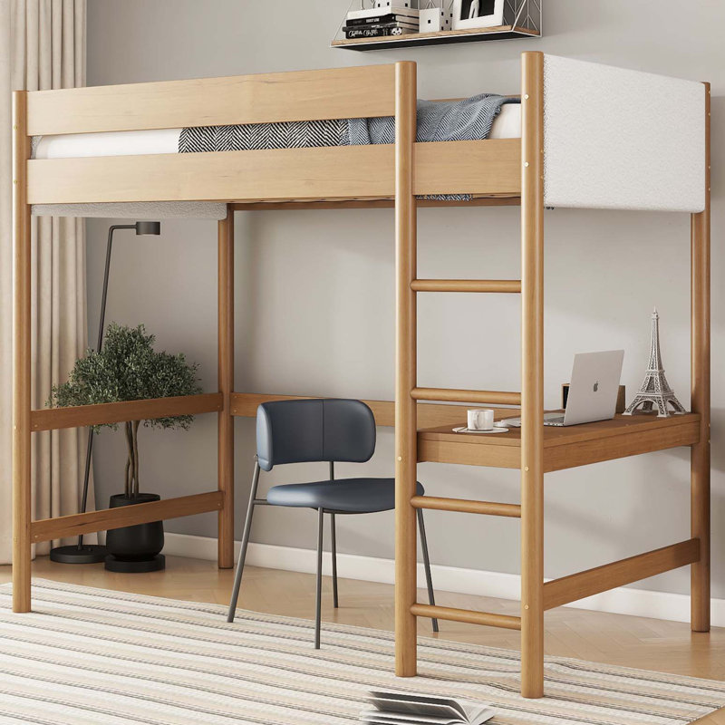 Lit mezzanine simple avec bureau, structure de lit mezzanine rembourrée avec échelle, barrières de sécurité, bois d'hévéa, tête / pied de lit en tissu molletonné