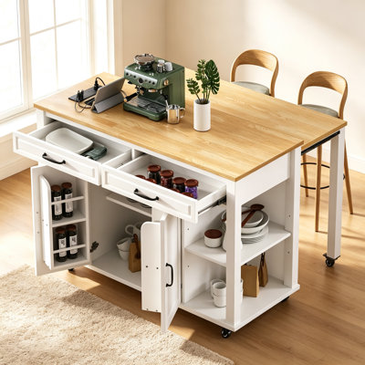 47 Inch Extendable Kitchen Island with Dining Table, Storage, and Power Outlet, White