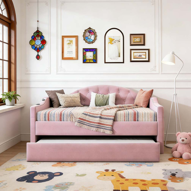 Lit de jour simple rembourré capitonné avec couchette, Rose