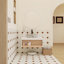 Meuble-lavabo flottant avec lavabo vasque en marbre veiné gris et rangement à tablette ouverte-129697091