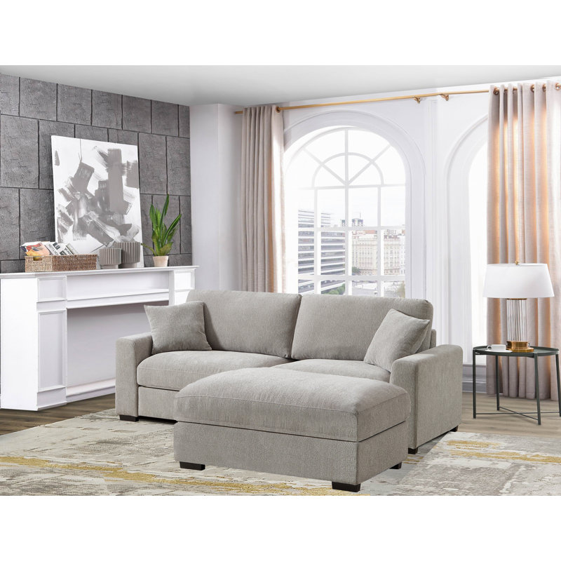 Aniessa 92'' Upholstered Sofa with Reversible Ottoman, Light Gray Polyester Blend