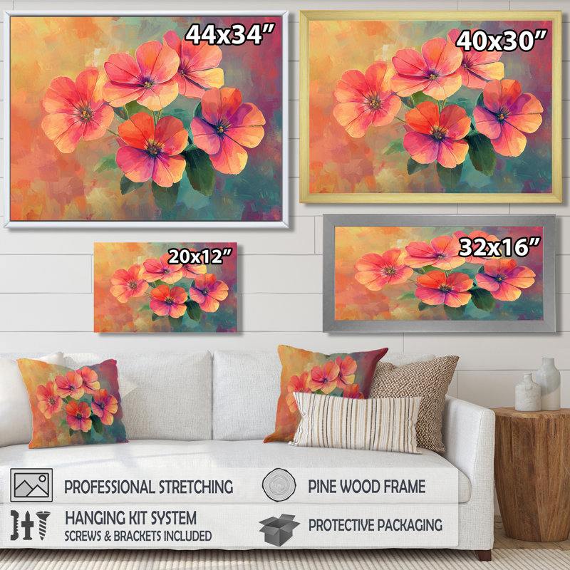 «Neon Geranium Fields Pop Art I - Geraniums», reproduction d'art sur toile encadrée, H 34 po x l 44 po, Cadre simple