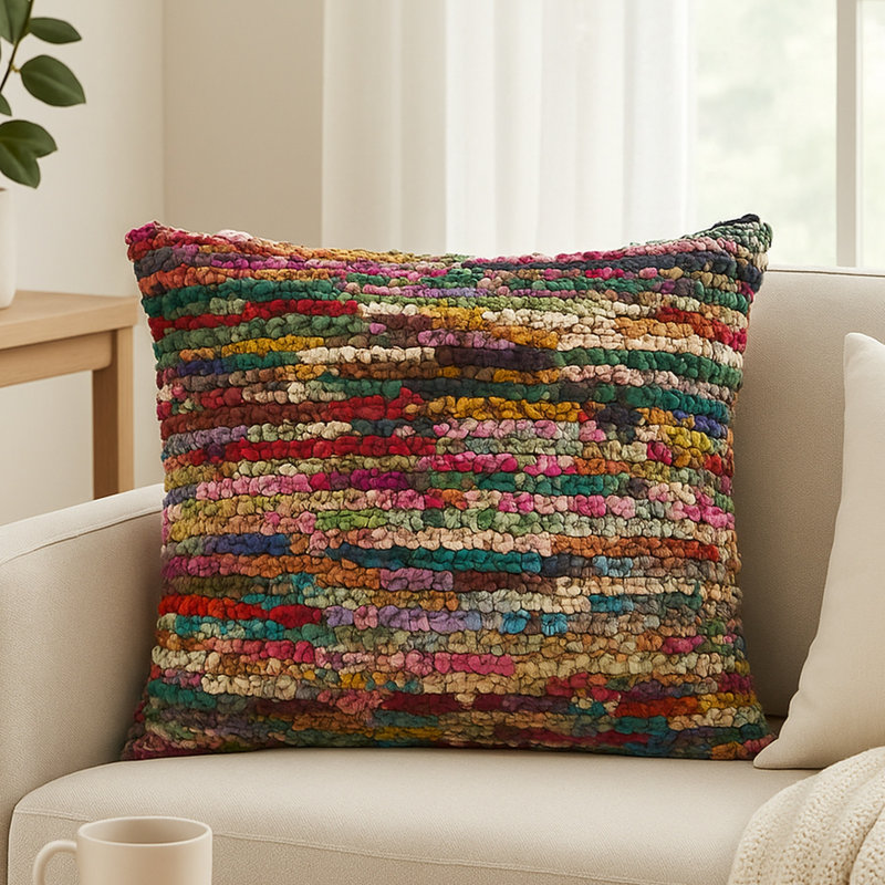 Housse de coussin rouge / multicolore tissée à la main avec matériaux abstraits recyclés, polyester