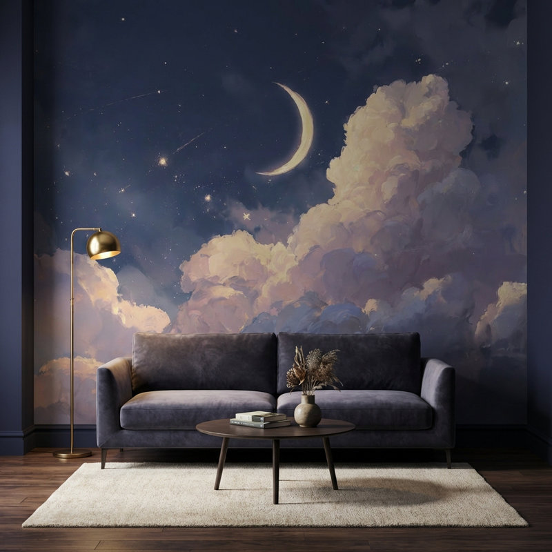 Décoration murale amovible lune ciel céleste, Texturé non collé, 160 po x 108 po