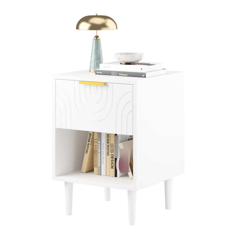 22.92'' H White Modern Nightstand With One Drawer And Open Shelving, Gold - Trimmed Knob, Bedroom Decor Element, Legs 22.92