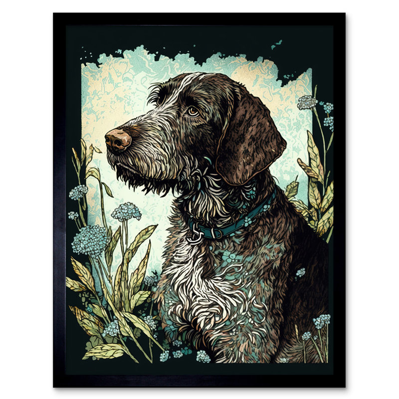 German Wirehead Pointer Dog And Blue Wildflowers Modern Portrait - Single Picture Frame Print