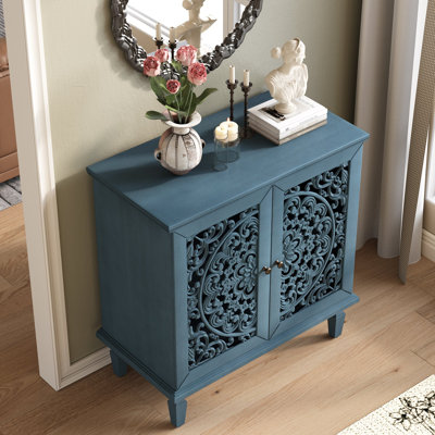Commode d'appoint rétro sculptée, buffet de rangement à 2 portes avec motif floral symétrique, tablette réglable et pieds en bois massif pour le vestibule du salon