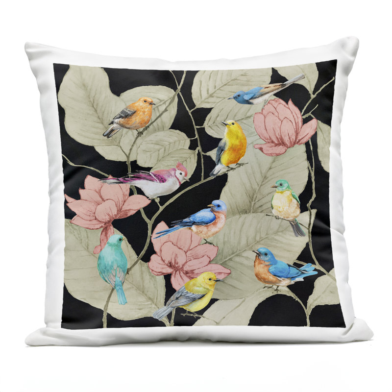 Coussin tropical imprimé à motif d'oiseaux, 18 x 7 x 18, Noir