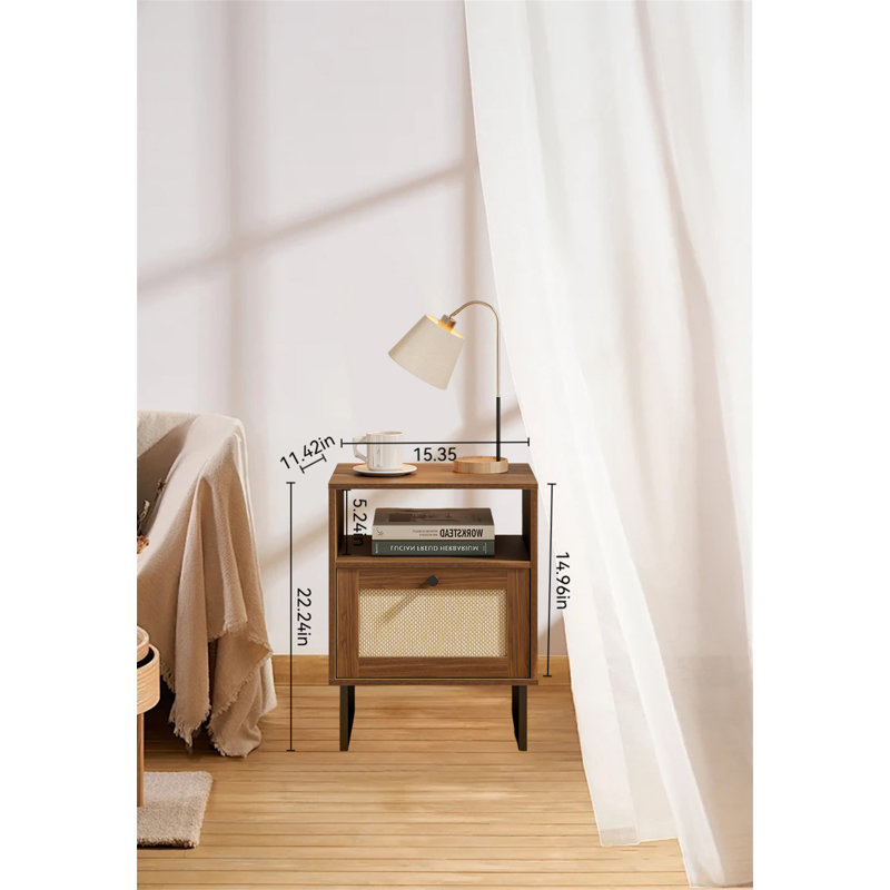 Bohemian Farmhouse Rattan Nightstand, Walnut