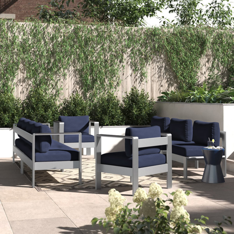 Shore Sunbrella Fabric Outdoor Patio Aluminum 7 Piece Sectional Sofa Set, Navy