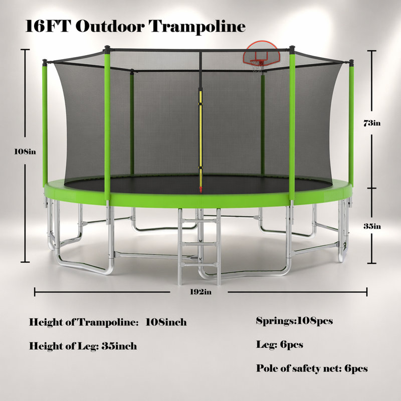 Trampoline de 16 pi avec barre d'équilibre et panier de basketball, structure renforcée approuvée par l'ASTM pour un plaisir extérieur sécuritaire