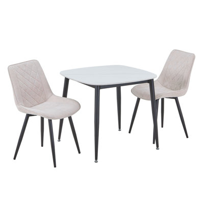Aspen Sintered Stone Square Table with 2 Diamond Stitch Upholstered Fabric Chairs - Modern Dining Set