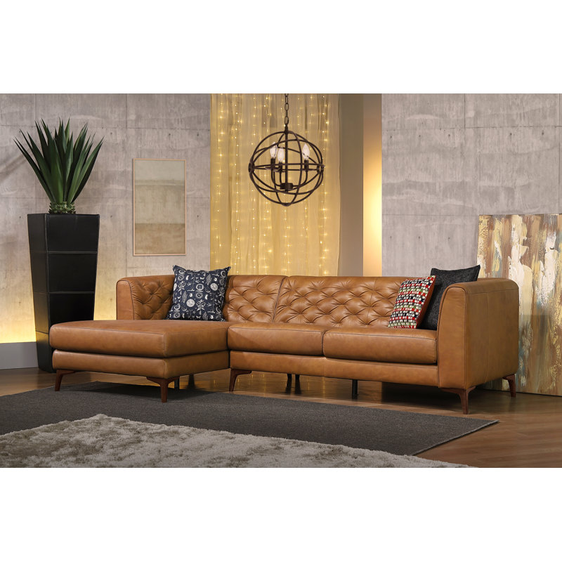 Havana Moishe Modern Tufted Genuine Leather Sectional Sofa, Left Hand Facing