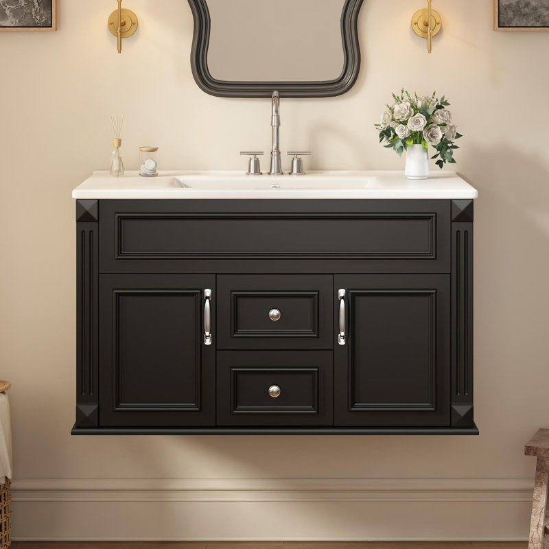 Meuble-lavabo mural 36 po avec évier, 2 tiroirs et portes à fermeture douce, Noir
