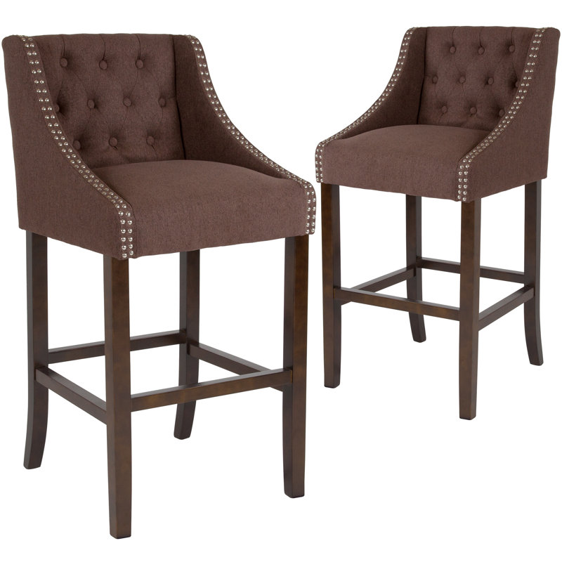 Transitional Tufted Walnut Barstool with Accent Nail Trim, Brown, Bar Stool (30" Seat Height)