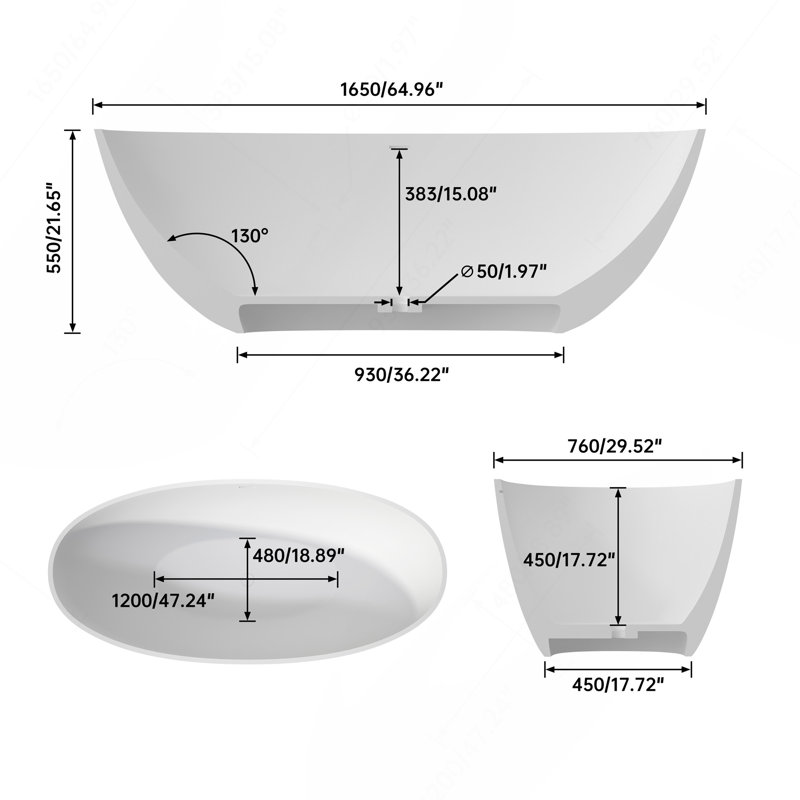 65" Premium Solid Surface Deep Soaking Bathtub, Matte White