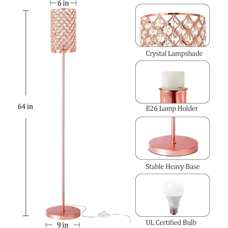 Crystal Floor Lamp With Remote Control, Smart Rose Gold Floor Lamps For Living Room With Bulb Included, Crystal Standing Lamp Rose Gold Home Décor Floor Lamp For Bedroom