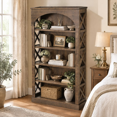 Rustic Solid Wood Bookshelf, 70.9" Tall Heavy Duty Open Bookcase with X Side Panels and Arched Top, Farmhouse Display Storage Shelf for Living Room Office