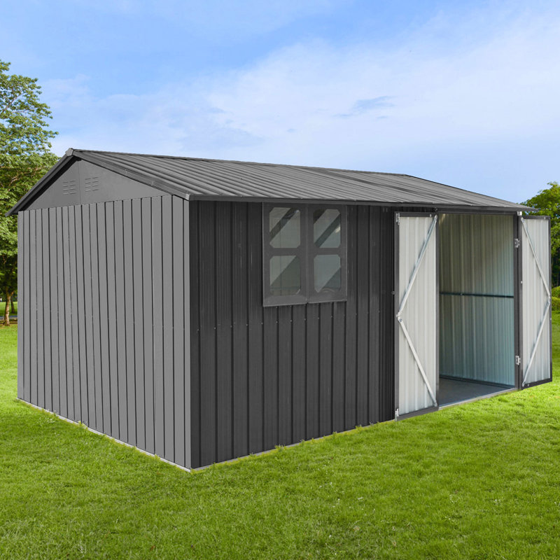 12X10 Ft Metal Garden Sheds Outdoor Storage Sheds Grey With Window , Gray