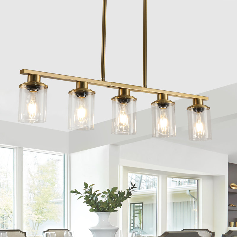 Luminaire suspendu industriel réglable à 5 lumières avec abat-jour en verre transparent, Doré