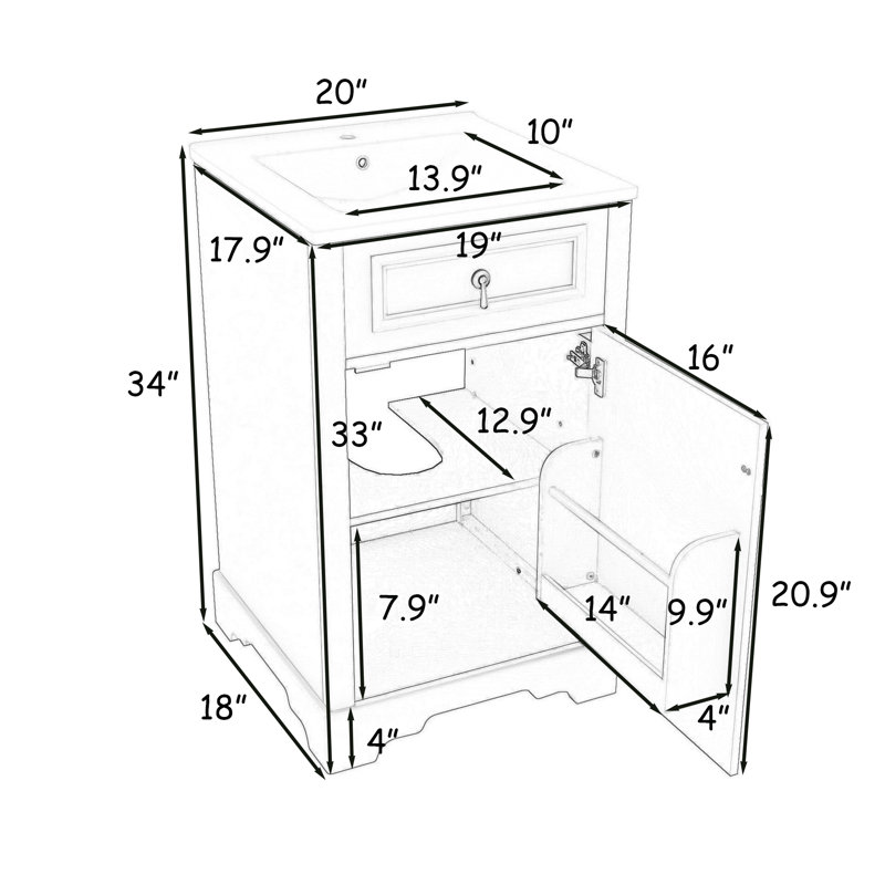 Meuble-lavabo de salle de bain avec lavabo, tablette réglable et porte à fermeture en douceur, Blanc