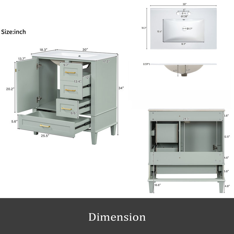 Meuble-lavabo moderne de 30 po avec ensemble de meuble-lavabo 30 po, armoire de rangement avec porte à fermeture douce et 3 tiroirs, structure en bois massif (vert)