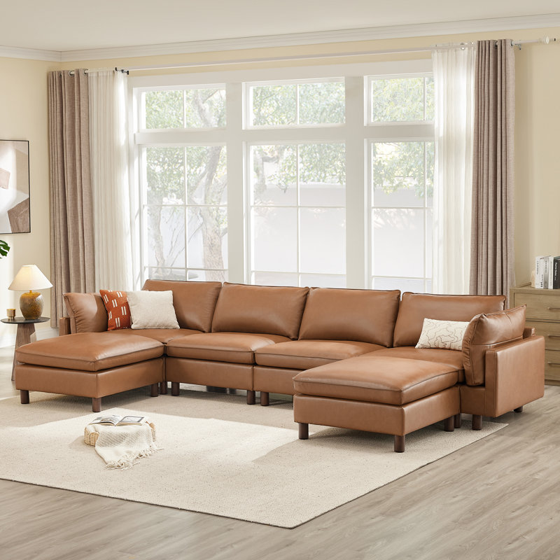 Solena 161.4" W 6-Piece Top Grain Leather Modular Sectional, Saddle