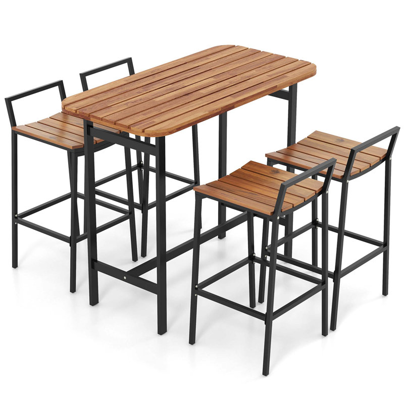 17 Storeys 5 Pcs Acacia Wood Bar Table Set Outdoor Bar Height Table & Chairs With Metal Frame