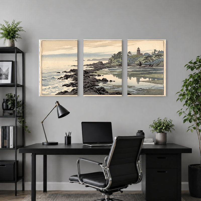 Art mural rétro sur 3 rivages rocheux avec pin, H 36 po x l 24 po x 3 pièces