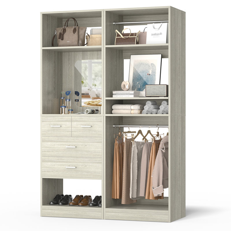 Freestanding Closet System With Drawers And Hanging Rods, Washed Oak