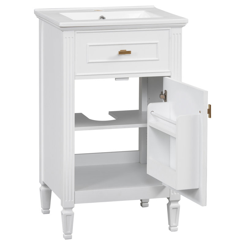 20-Inch Bathroom Vanity With Sink, Solid Wood Legs, Adjustable Shelf, Tilt-Out Drawer, Zinc Alloy Knobs, Modern Freestanding Cabinet For Small Bathroom