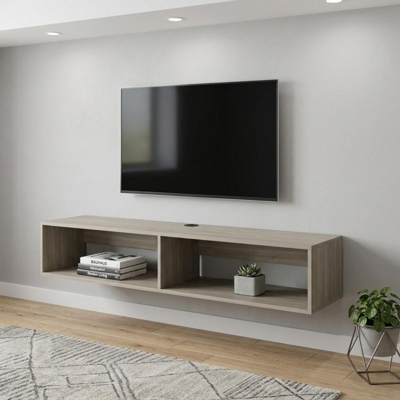 Meuble télé 59 po, Engineered Wood, White/Oak, 10.42"H x 59.13"L x 12.63"W