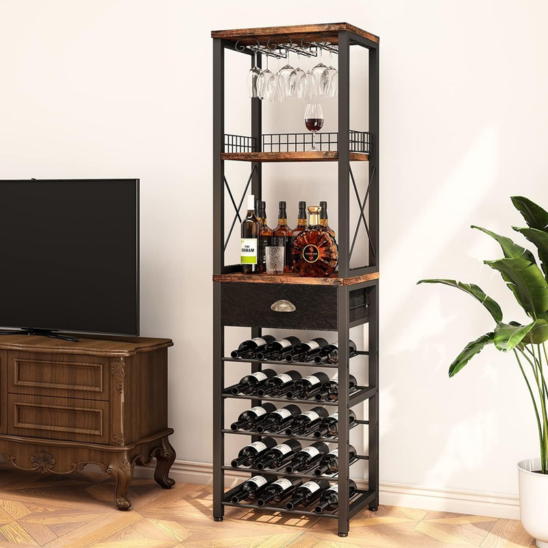 Meuble-bar à vin à 4 niveaux, rangement pour spiritueux autoportant avec porte-verres, tiroir, plateau et casier à bouteilles.