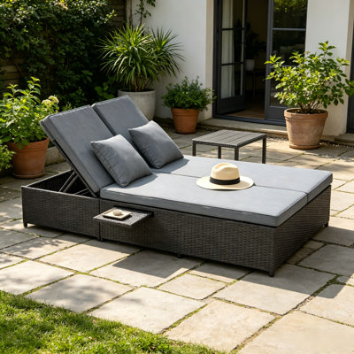 Ensemble de conversation pour 2 personnes, chaise longue inclinable en rotin gris et osier gris