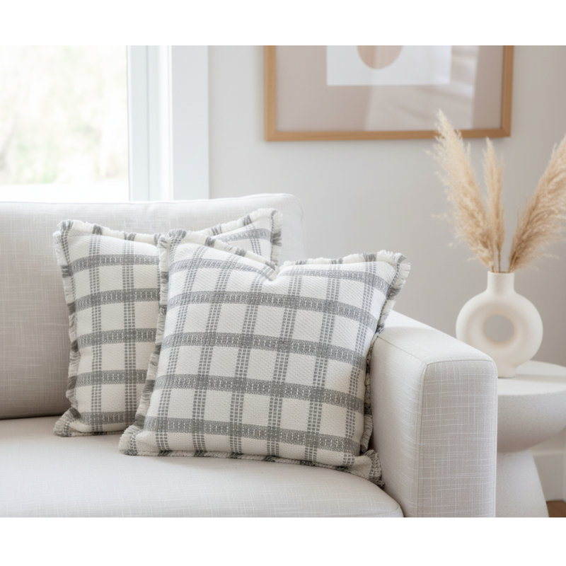 Ensemble de 2 housses de coussin en coton tissé à carreaux avec franges, 18 po x 18 po, Gris