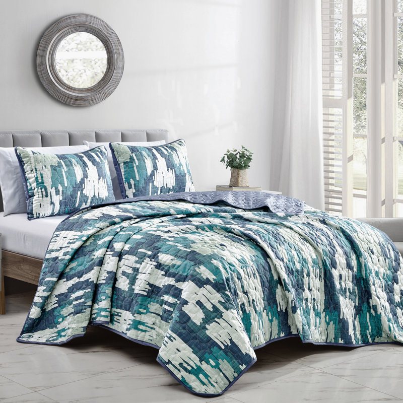 Ensemble de couvre-lit réversible 3 pièces bleu sarcelle et bleu marine à motif abstrait Brushstroke