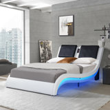 Faux Leather Upholstered Platform Bed Frame with led lighting ,Bluetooth connection to play music /RGB control,Backrest vibration massage,Curve Design, Wood Slat Support, No Box Spring Needed