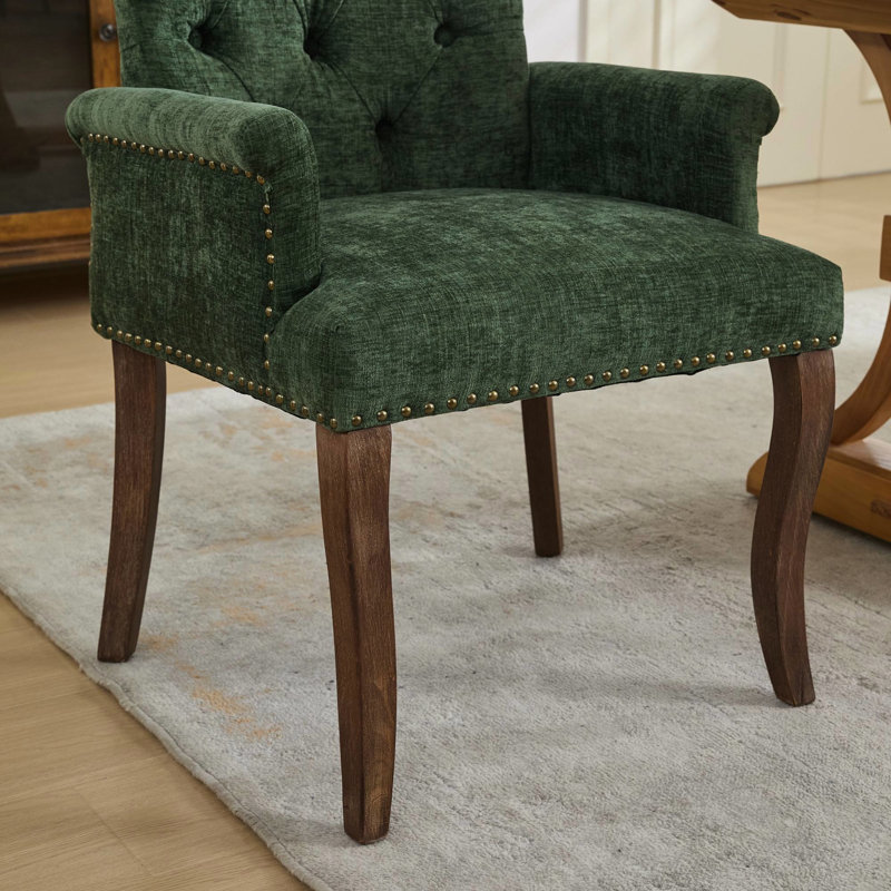 Fauteuil d'appoint en chenille olive rembourré avec pieds en bois d'hévéa massif incurvé