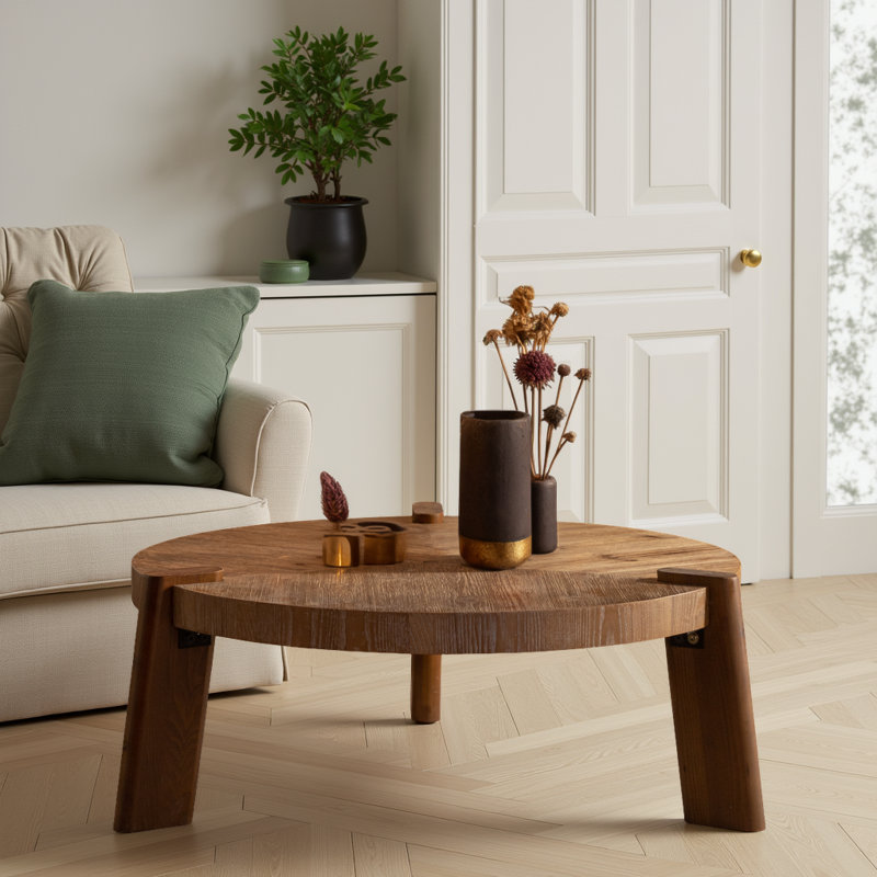Table basse ronde en bois faite à la main - Rustique naturel 36 po Table basse en bois robuste et sécuritaire pour le salon