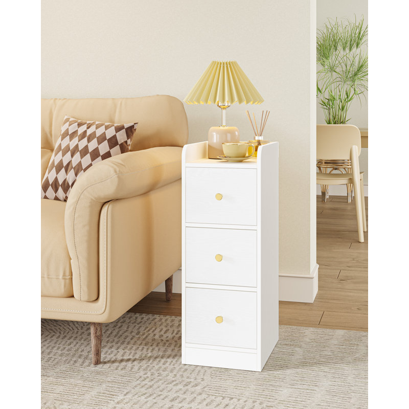 Slim Bedside Table Set of 2, Narrow Side End Tables with 3 Drawers, Bedside Cabinet with Top Guard, Small Nightstand for Bedroom, Living Room, Office, 30 x 24 x 60 cm, White