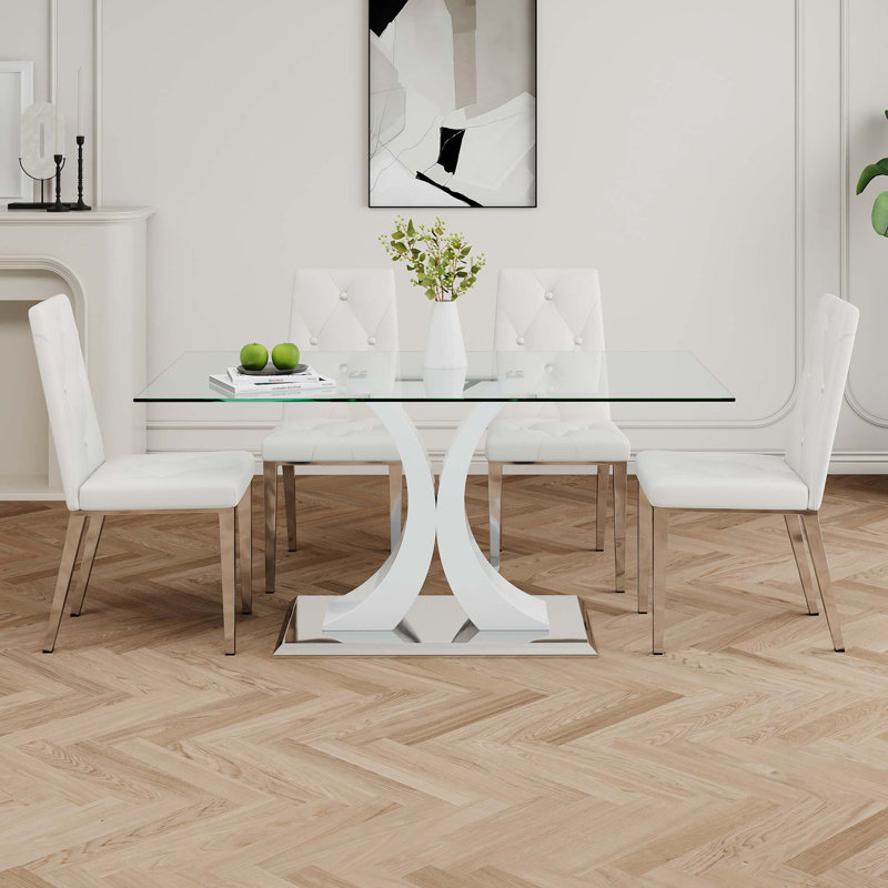 Table en verre de style moderne, conception élégante, ensemble de chaises de salle à manger à base de support durable, pieds de chaise galvanisés (ensemble de 5)