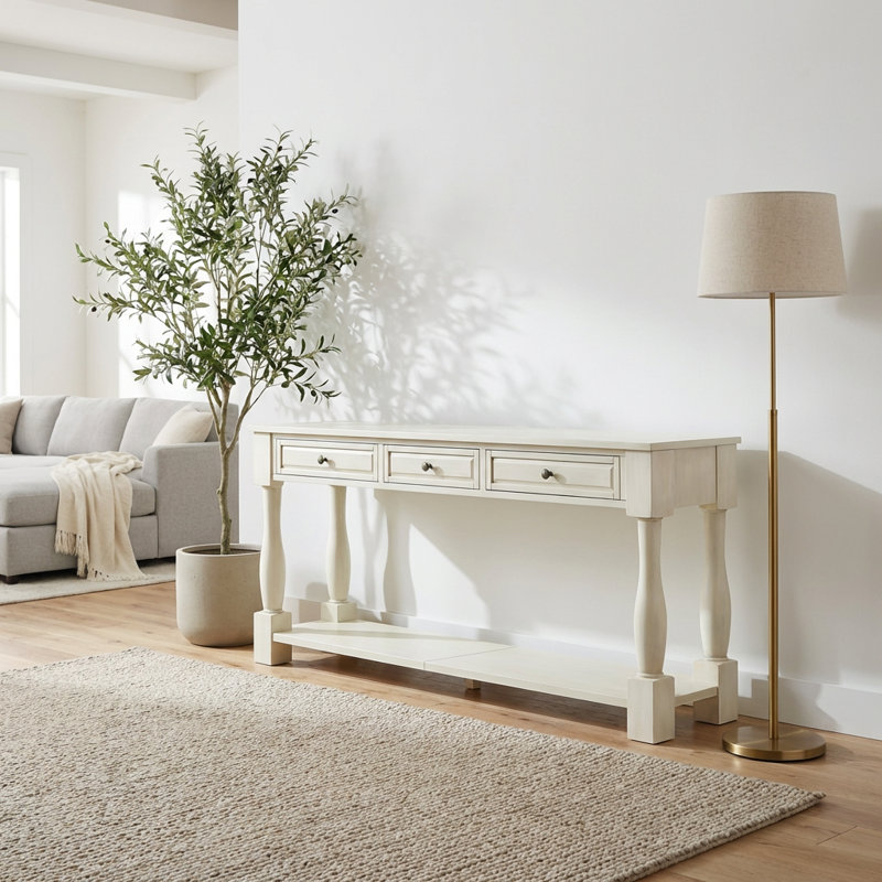 Très grande console avec tiroirs et tablette de rangement de style méditerranéen classique, Blanc antique