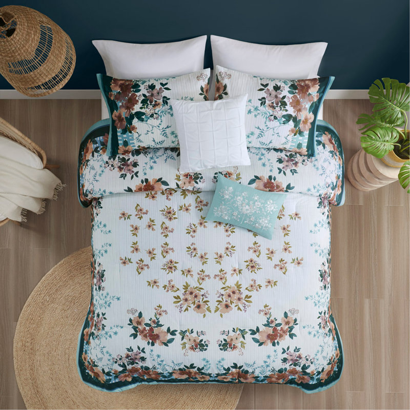 Ensemble d'édredon à motif floral en coton pour lit double / grand 5 pièces avec coussins décoratifs