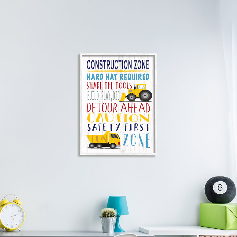 Kid's Construction Zone - Art textuel, H 14 po x l 11 po x P 1,5 po, Giclée encadrée blanc bord de mer