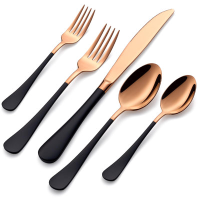 Ensemble de couverts 20 pièces en acier inoxydable - or rose et noir, lavable au lave-vaisselle, résistant à la rouille, poignées ergonomiques pour les repas et les voyages de tous les jours