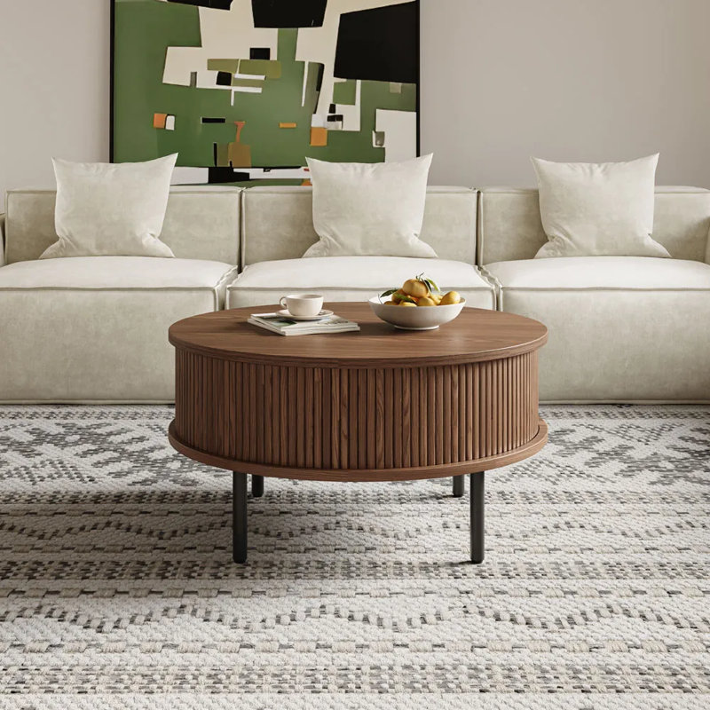 Table basse 31 po ronde en bois cannelée avec rangement, style Mid-Century moderne, avec portes coulissantes