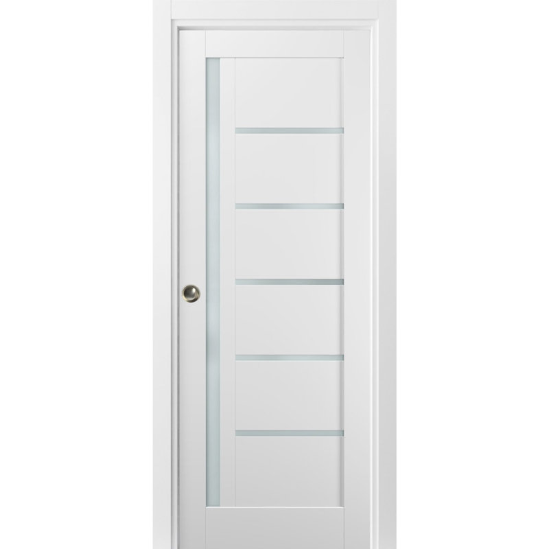 Quadro Frosted Glass Sliding Closet White Door with Installation Hardware Kit, 24" x 84"